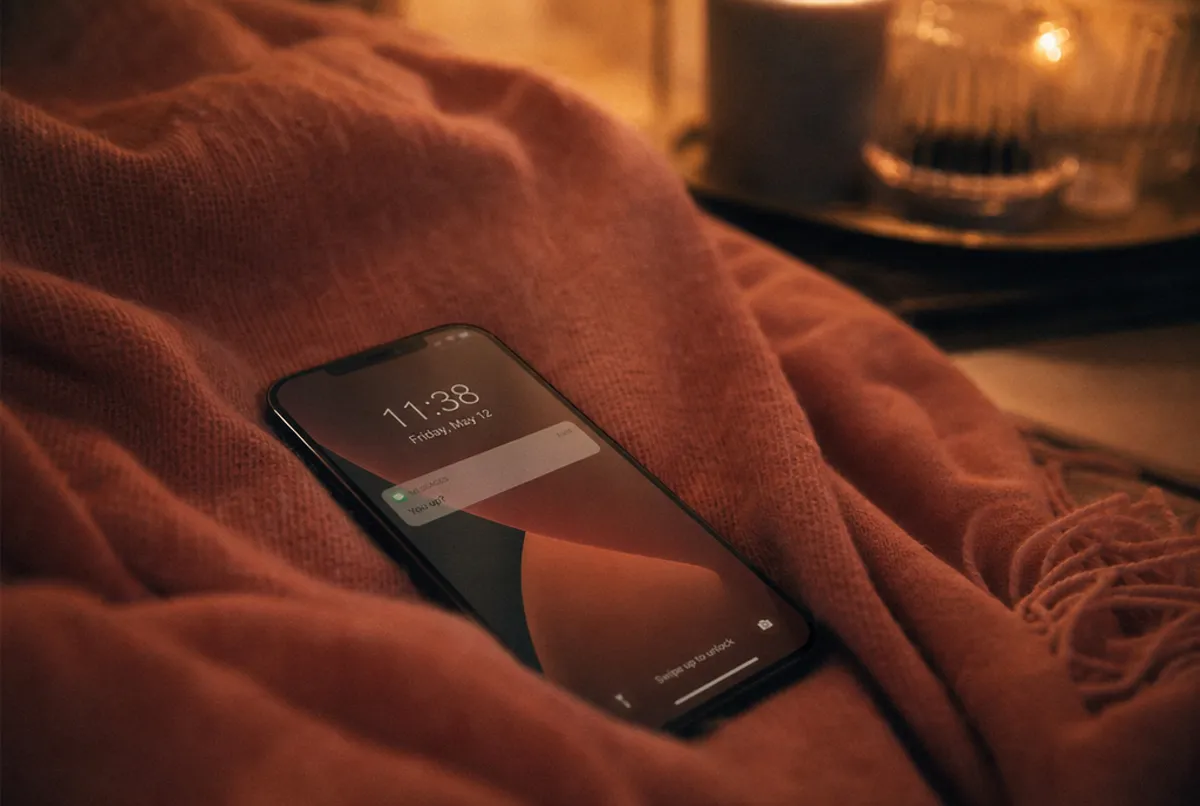 Smartphone auf korallenfarbener Decke, weiches Licht, privat